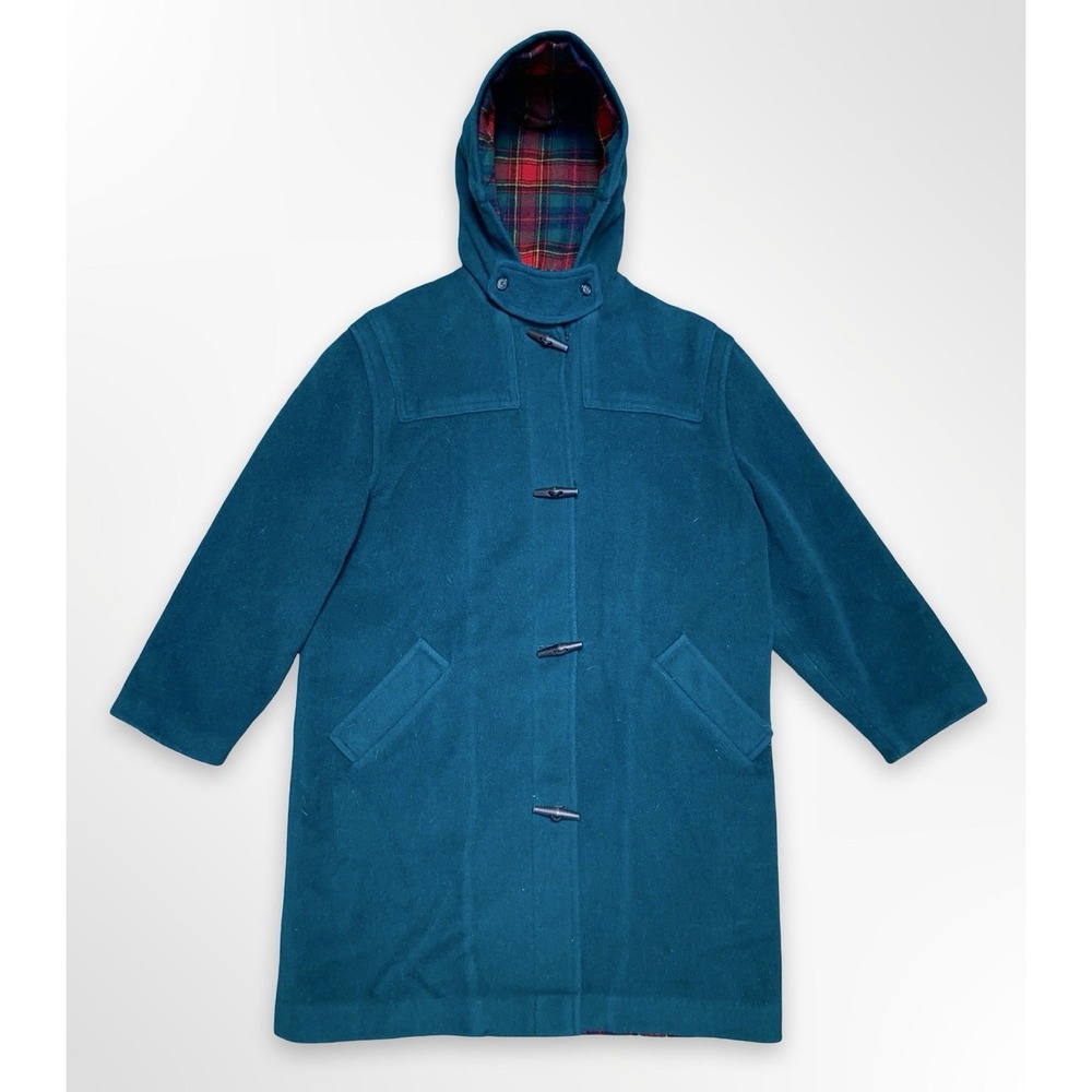 Vintage LL Bean Wool Duffle Coat Womens Size 8 Green Hooded Plaid Lined USA